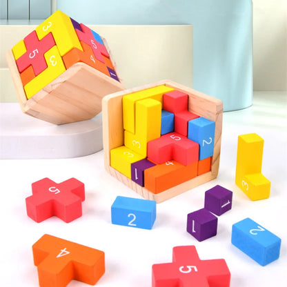 Wooden 3D Puzzle Cube – Colorful Luban Lock Toy